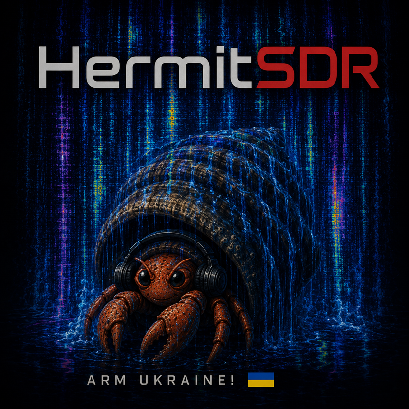 HermitSDR branding artwork: a hermit crab in a hood against a radio waterfall